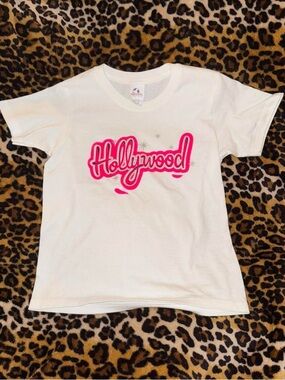 Y2k White baby tee with Pink "Hollywood" Script